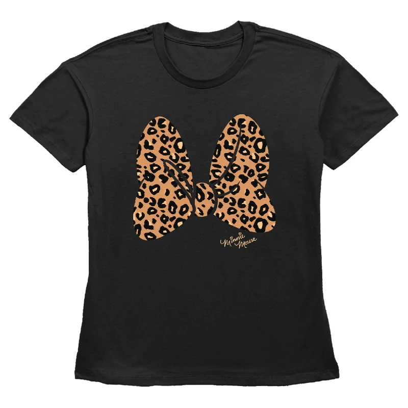 Women's Mickey & Friends Cheetah Print Minnie Mouse Bow T-Shirt-- Zippered Front Buttoned Front Snap Front