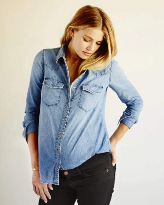 x Hatch Maternity Denim Shirt-- Welt Pockets Slit Pockets