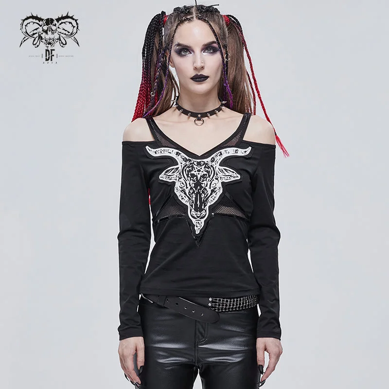 TT178 Devil sheep head printed long-sleeved off-the-shoulder T-shirt-- Embroidered Appliqued Beaded