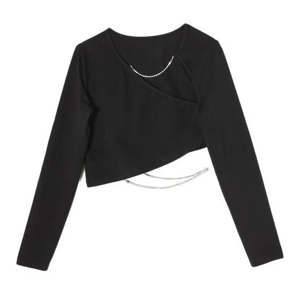 Black Irregular Cutouts Chains Thin Cropped Shirt-- Print Jacquard Patchwork