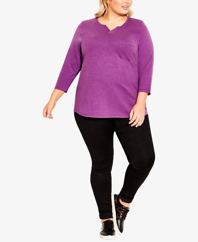 Plus Size Notch Neck 3/4 Sleeve Plain T-shirt-- Terry Blend Velvet Blend Canvas Blend Plus Size Notch Neck 3/4 Sleeve Plain T-shirt-- Terry Blend Velvet Blend Canvas Blend
