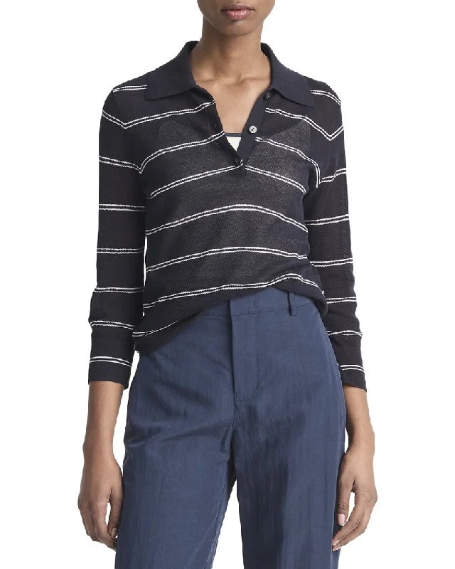 Vince Striped Pique Polo Shirt-- Fleece Fabric Down Fabric Feather Fabric