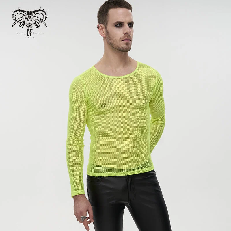 TT19803 fluorescent color Diamond-shaped net basic style long sleeves men t-shirts-- Asymmetrical Pockets Print