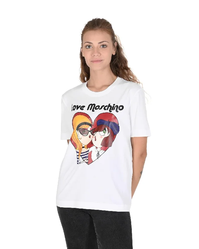 Love Moschino  Women's Graphic T-Shirt White-- Asymmetrical Pockets Print