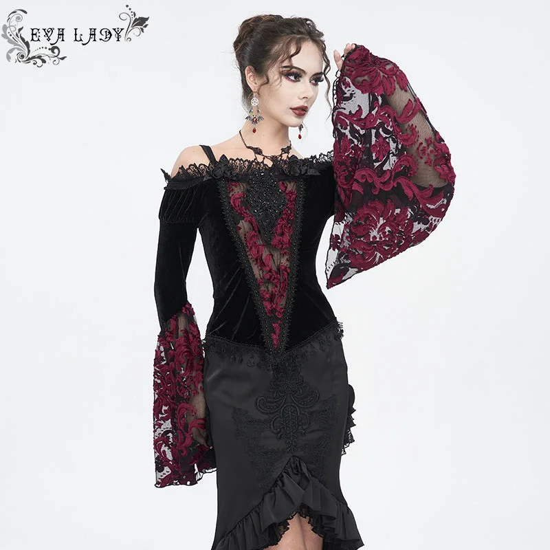 ETT03602 off-shoulder one-piece long-sleeved gothic women's T-shirt-- Rayon Velvet Corduroy ETT03602 off-shoulder one-piece long-sleeved gothic women's T-shirt-- Rayon Velvet Corduroy
