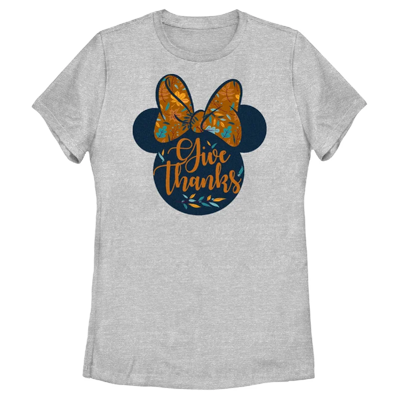 Women's Minnie Mouse Give Thanks Fall Silhouette T-Shirt-- Print Jacquard Patchwork