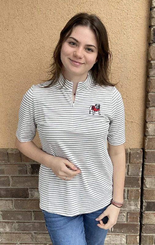 Cutter & Buck UGA Womens Virtue Eco Pique White/Grey Stripe Shirt Sleeve Polo-- Denim Fabric Leather Fabric Suede Fabric