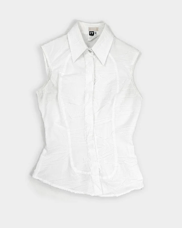 Versace Sleeveless Pleated Shirt 2003-- Solid Print Embellished