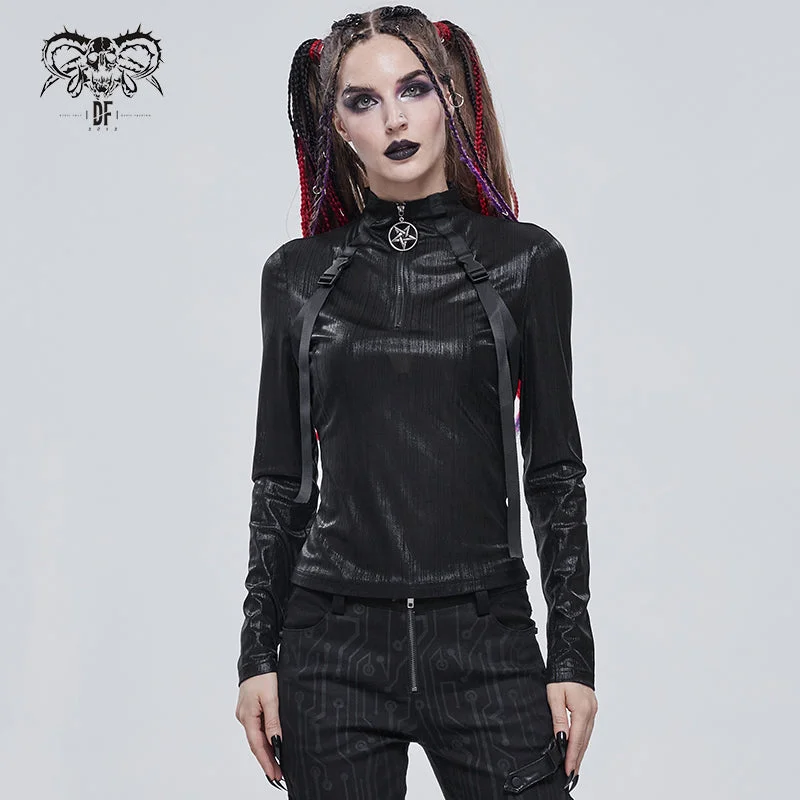 TT179 Cyberpunk style high neck everyday T-shirt-- Mesh Fabric Canvas Fabric Denim Fabric