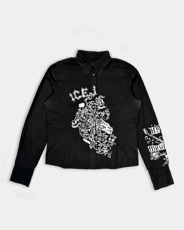Ice J By Iceberg Black Printed Shirt 2000's-- Faux Fur Fabric Real Fur Fabric Shearling Fabric