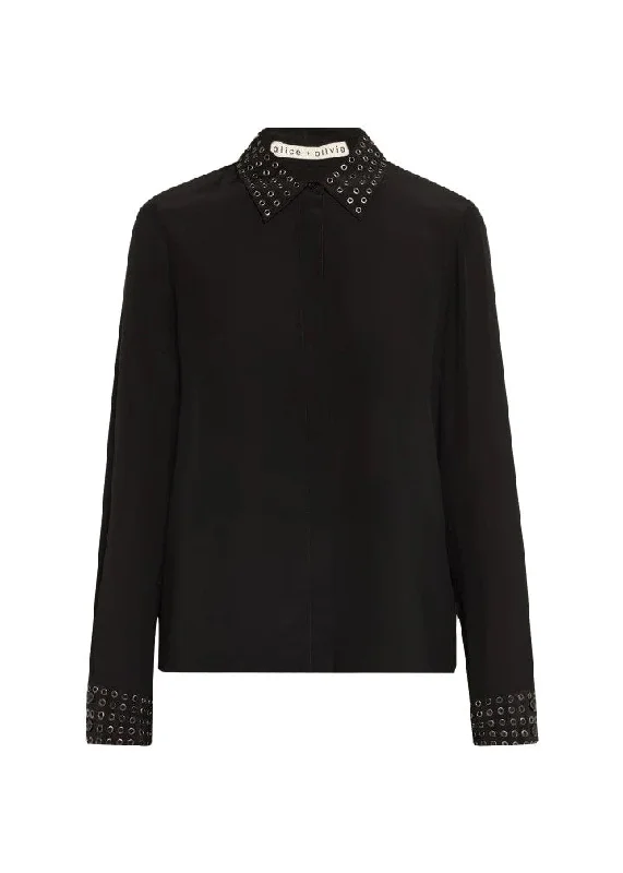 alice + olivia Willa Oversized Button Down Shirt with Grommet Detail, Black, L-- Faux Fur Fabric Real Fur Fabric Shearling Fabric