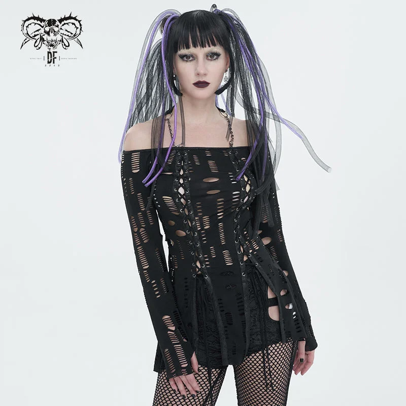 TT245 Ripped Knit Off-Shoulder Halter Neck Long Sleeve T-Shirt-- Anti-Pilling Machine Wash Handmade