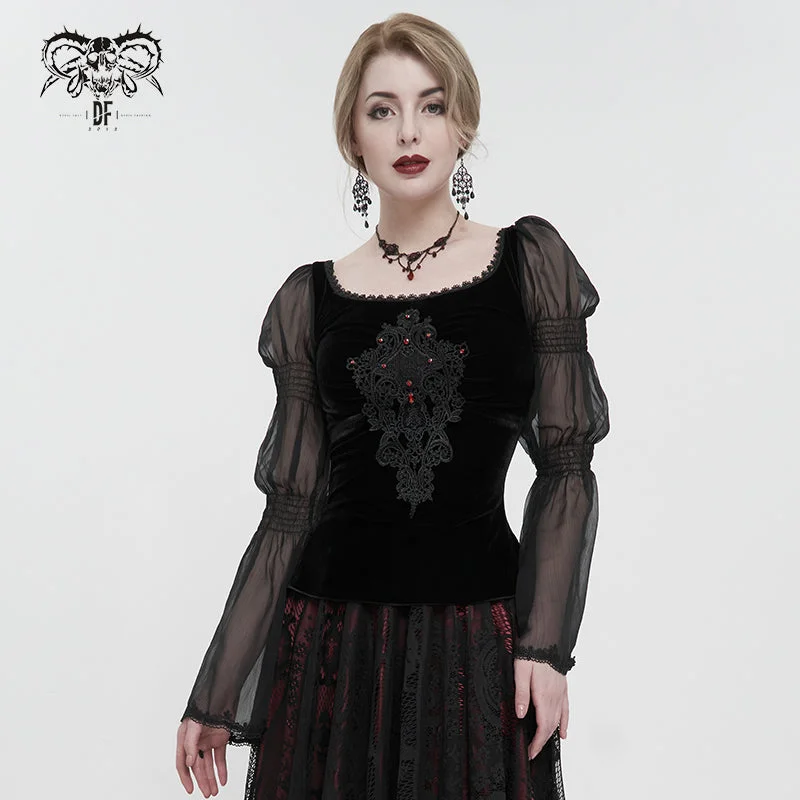 TT193 Gothic Velvet chiffon Long Sleeve Women's T-Shirt-- Chenille Fabric Brocade Fabric Lace Fabric