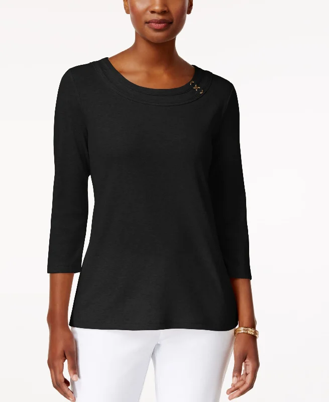 Karen Scott Embellished 3/4 Sleeve T-Shirt-- Chenille Blend Fleece Blend Nylon Blend