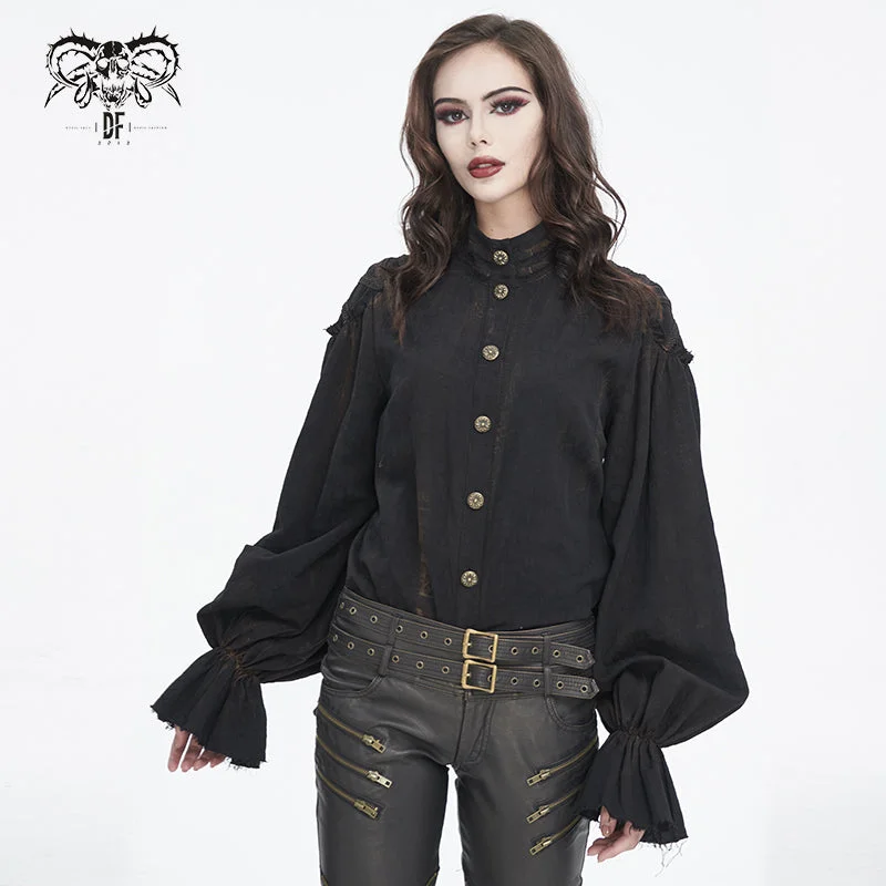 SHT11401 Steampunk Distressed Women Long Sleeve Shirt-- Boxy Fit Fitted Loose