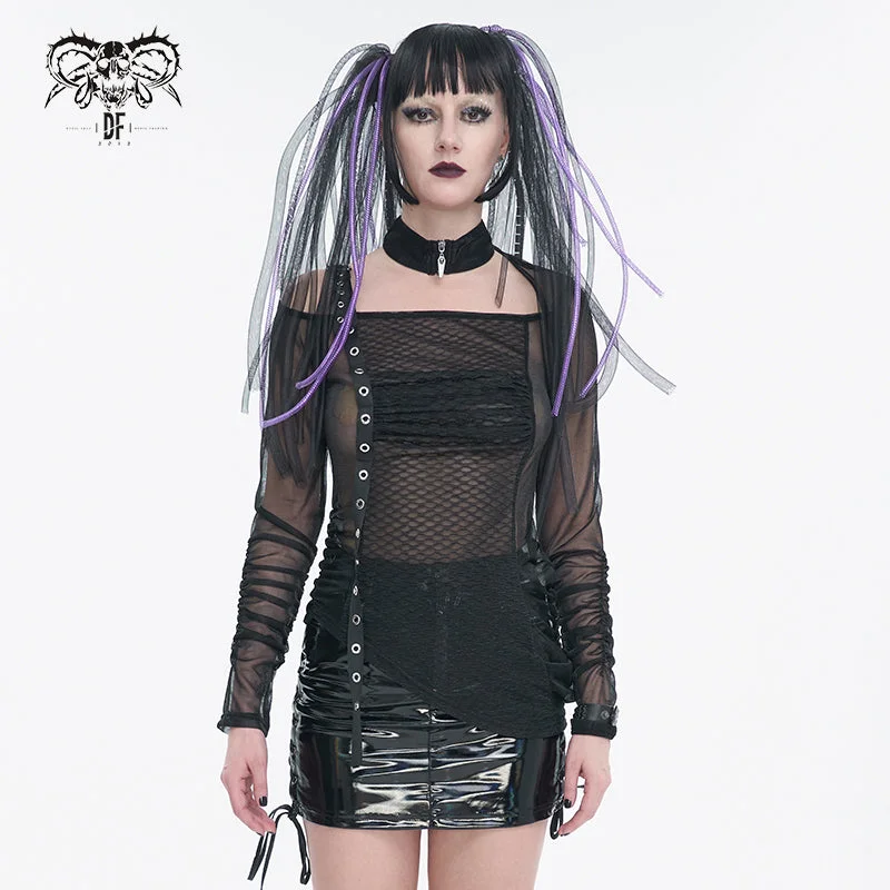 TT234 black Long Sleeve Asymmetric Mesh T-shirt-- Real Fur Shearling Chenille