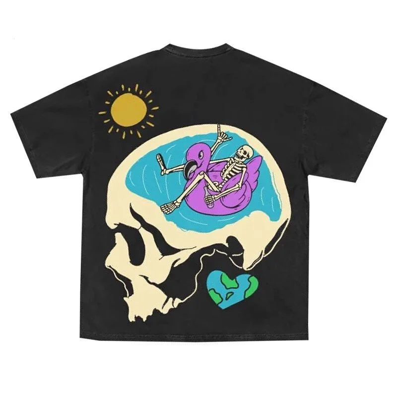 Chilling Skeleton Print Loose T-Shirt -- Basic T-Shirt Crew Neck Short Sleeve