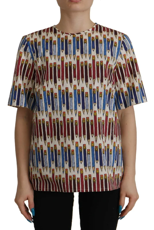 Dolce & Gabbana  Pencil Print T-Shirt - Beige-- Beaded Sequined Faux Fur