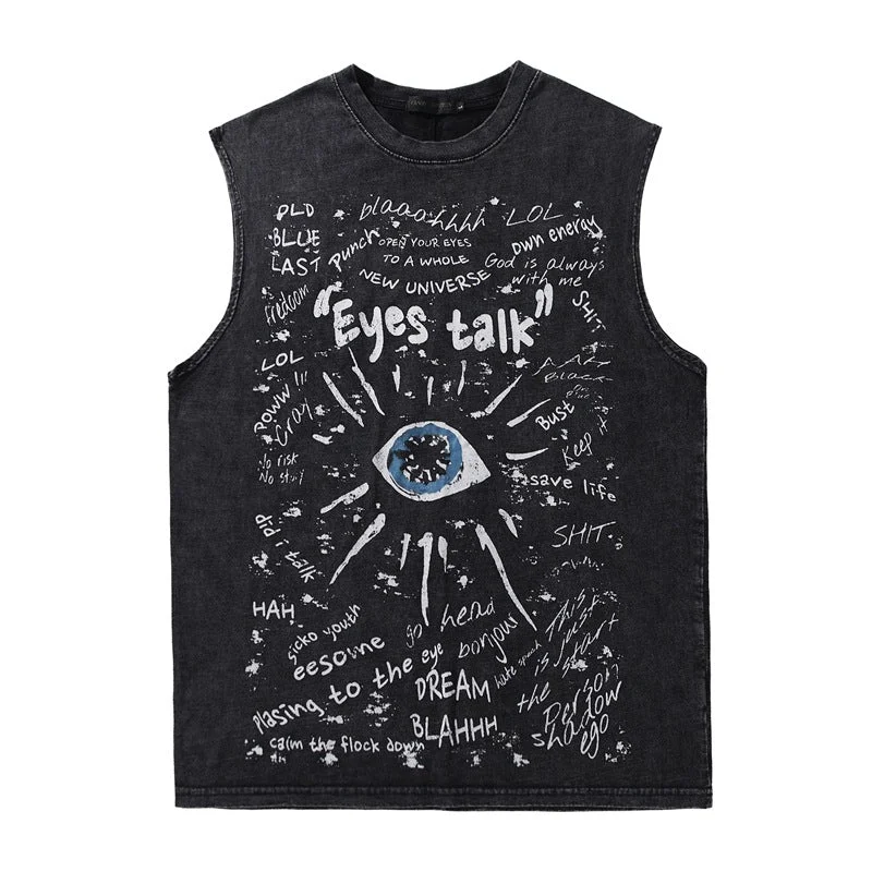 Dust Gray Sleeveless Eye Print Psychedelic T-Shirt-- Thin T-Shirt Open Front Quick Dry