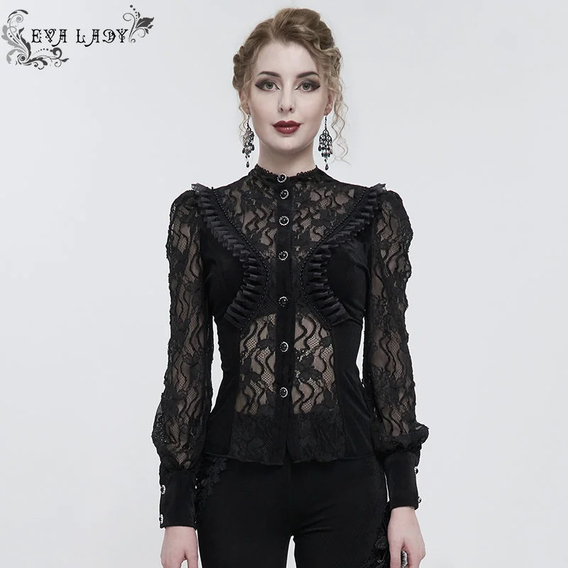 ESHT01501 Black fringed iris mesh Goth Shirt-- Front Pockets Side Pockets Patch Pockets