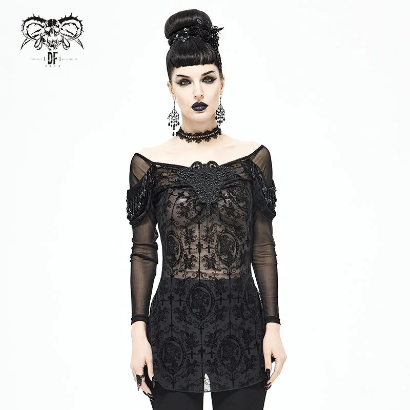 TT169 Gothic Off The Shoulder Back Swing Collar Printed Mesh T-shirt-- V-Neck T-Shirt Long Sleeve Cotton