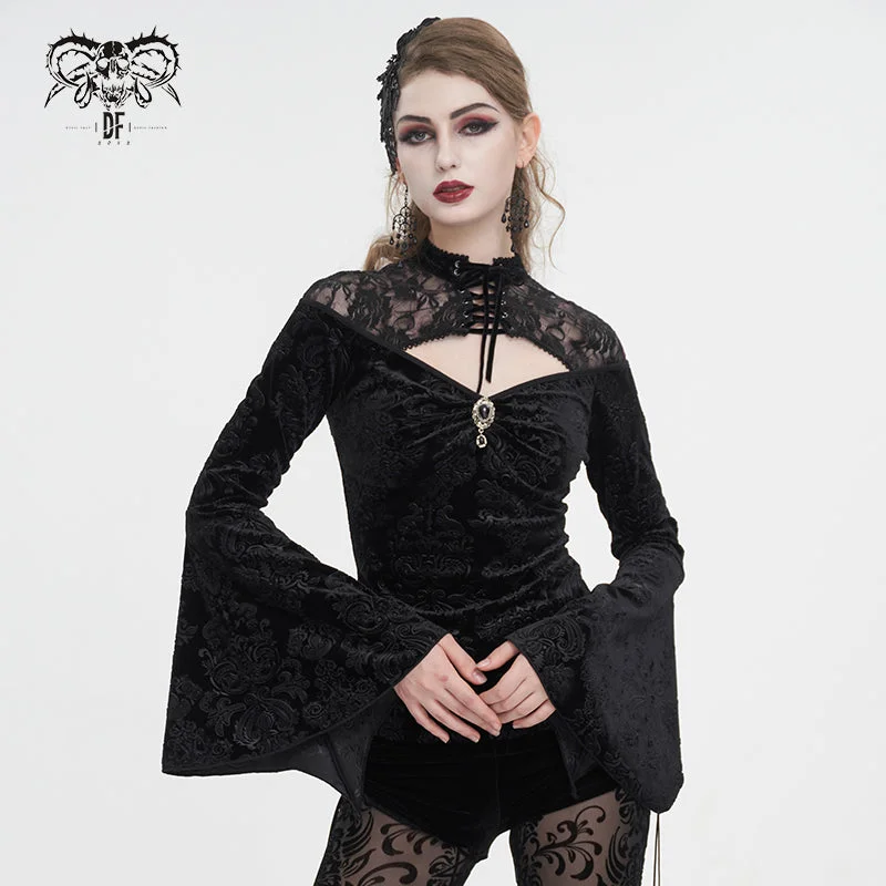 ETT03301 Lace stitching small stand collar long sleeve T-shirt-- Chenille Fabric Brocade Fabric Lace Fabric