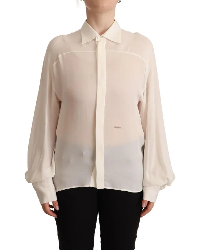 Dsquared² Dsquared Classic Shirt - White Silk Blouse with Oversized Sleeves-- Polka Dot Checkered Tartan