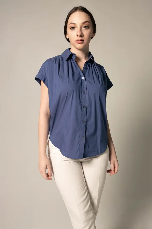 Women's Gather Collar Shirt in Navy-- Zippered Front Buttoned Front Snap Front