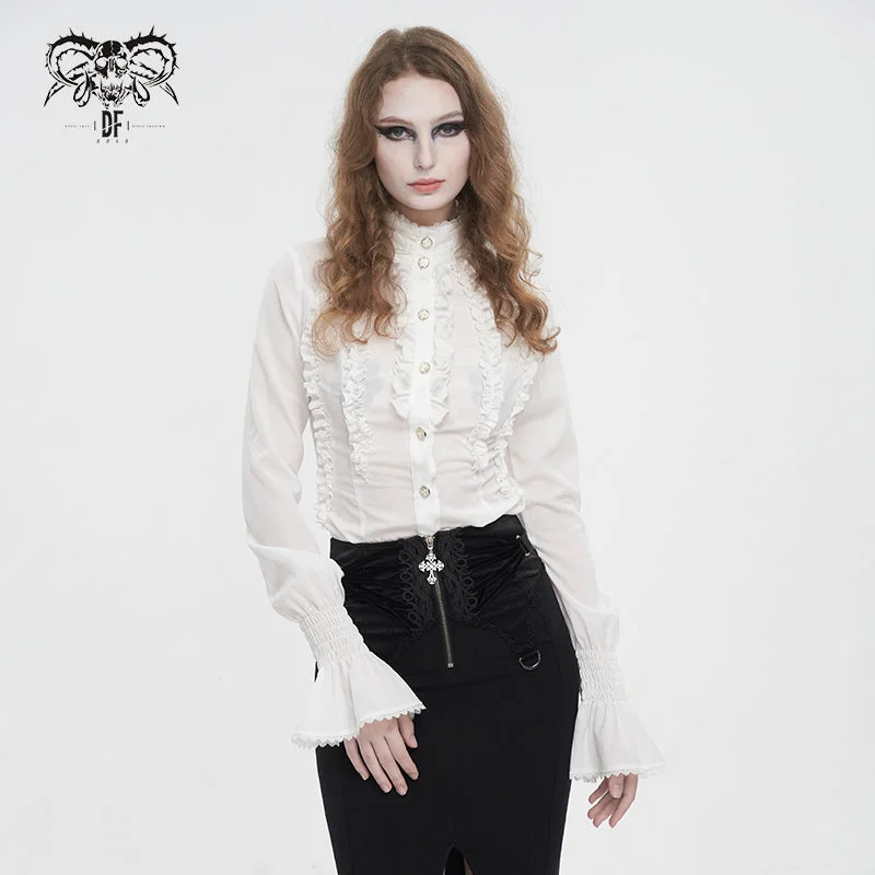 SHT10602 White chiffon smocked lace stand collar women's shirt-- Graphic T-Shirt Round Neck Polyester