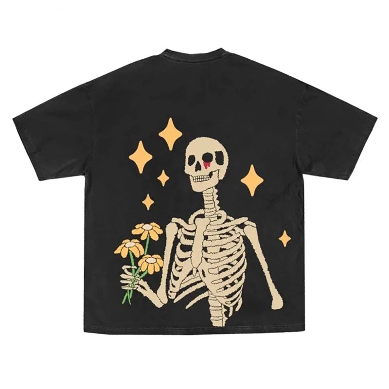 Edgy Aesthetic Skeleton Print T-Shirt-- Anti-Pilling Machine Wash Handmade
