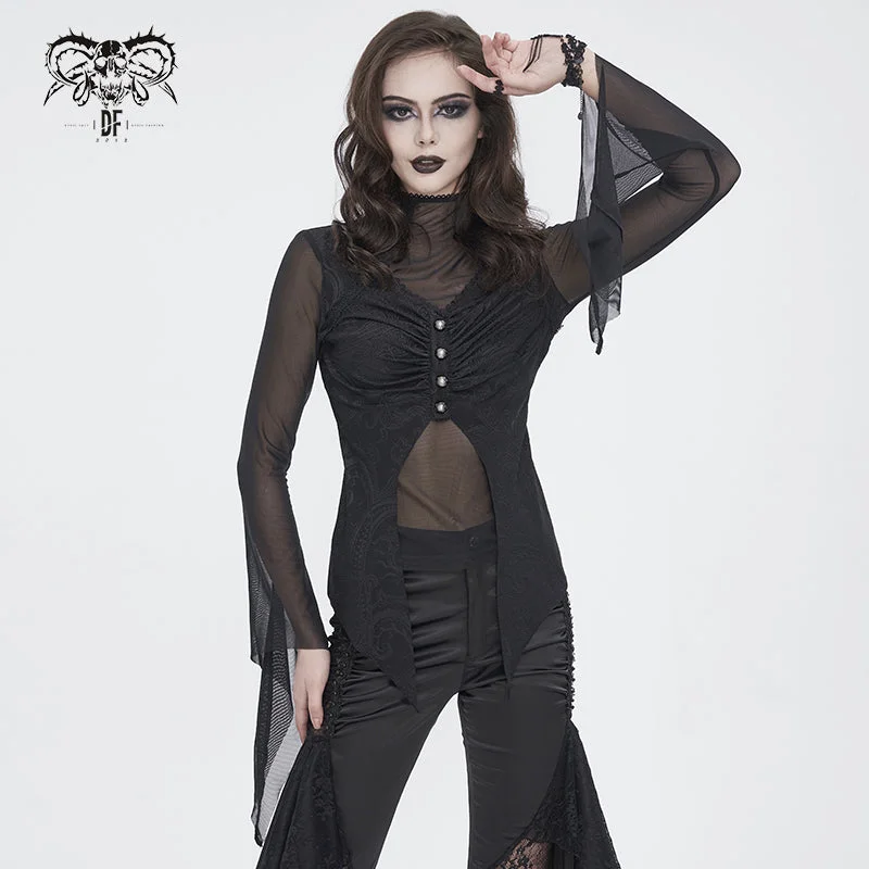 TT270 Gothic high neck long sleeve knitted mesh women's T-shirt-- Sequined Glittery Shiny
