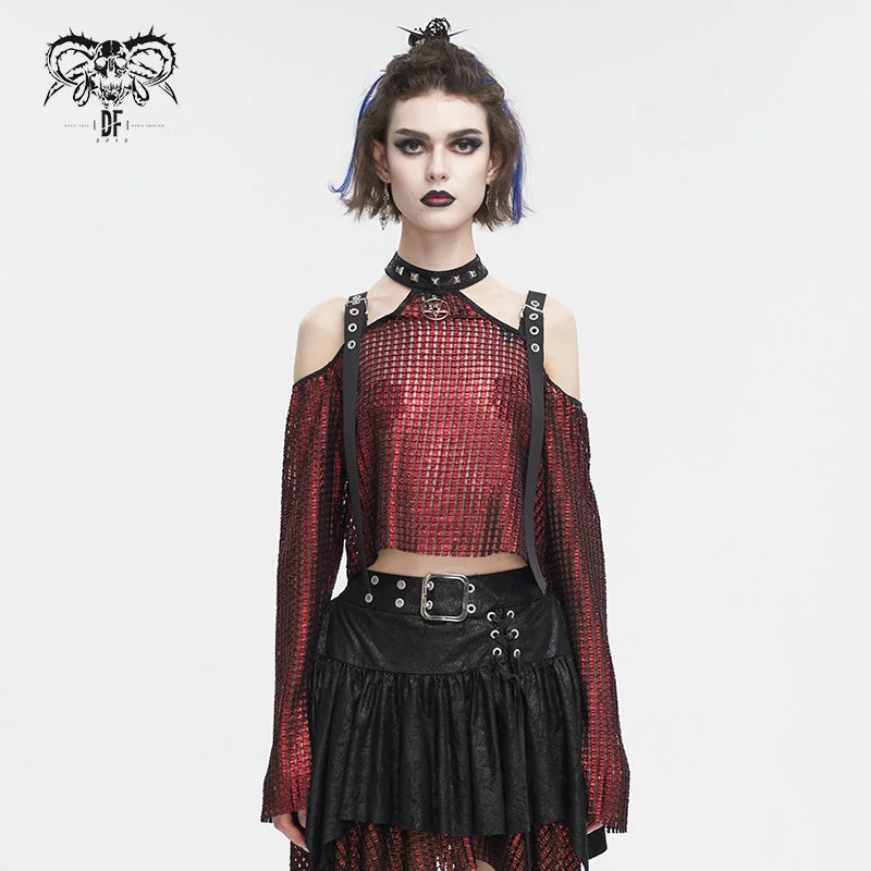 TT25302 Red Mesh off-shoulder halterneck long-sleeved women's T-shirt-- Polka Dot Checkered Tartan