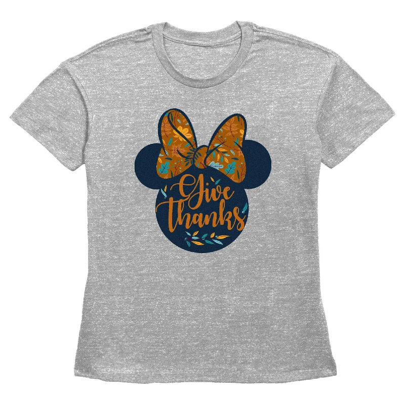 Women's Minnie Mouse Give Thanks Fall Silhouette T-Shirt-- Chenille Fabric Brocade Fabric Lace Fabric