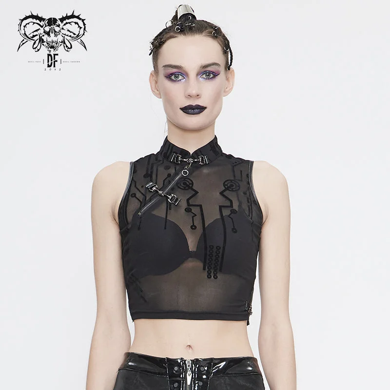 TT170 Cyberpunk Flocking Mesh Stand Collar Short T-shirt-- Graphic Embroidered Appliqued