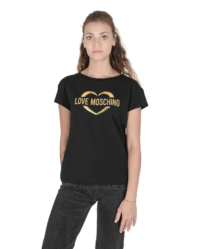 Love Moschino  Women's Heart Logo T-Shirt Black-- Collared T-Shirt Boat Neck A-Line