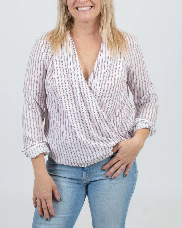 Striped Wrap Cotton Shirt-- Mesh Blend Leather Blend Suede Blend