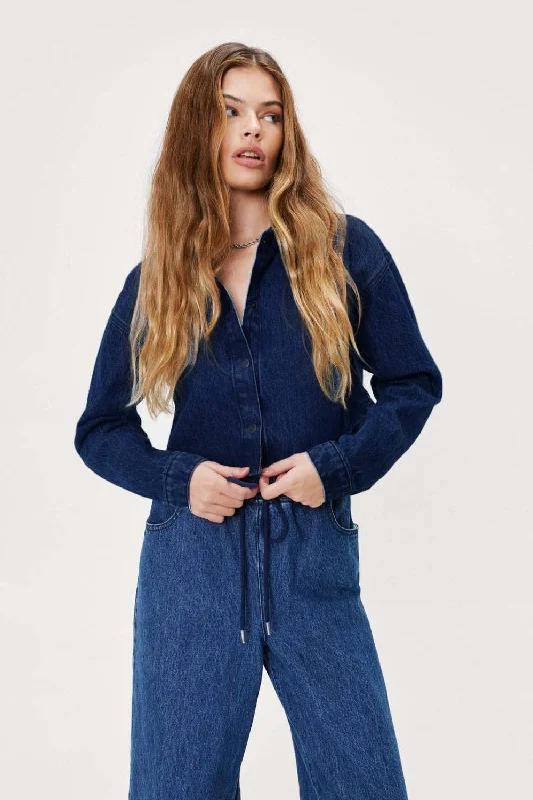 Denim Asymmetric Hem Shirt-- Ribbed Striped Patterned