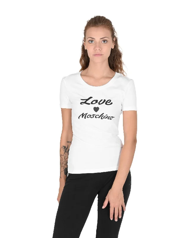 Love Moschino  Women's T-Shirt  White  Short Sleeve  Casual  Crew Neck  Cotton-- Thin T-Shirt Open Front Quick Dry
