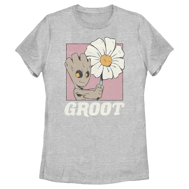 Women's Guardians of the Galaxy Groot and Flower Portrait T-Shirt-- Notch Collar Peter Pan Collar Cowl Neck