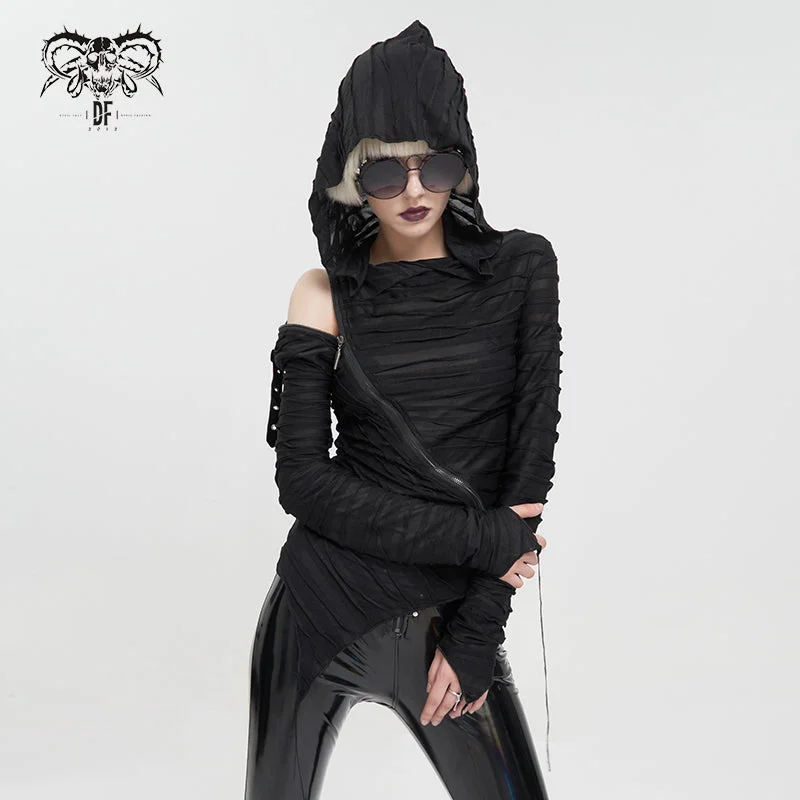 TT147 Two-wear basic hooded T-shirt with diagonal zipper-- Collared Crew Neck Turtle Neck