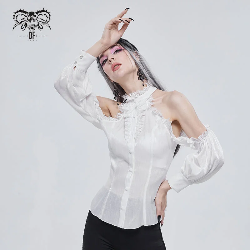 SHT08102 stand collar white fitted waist sexy ladies off the shoulder vertical striped lace Gothic shirts-- V-Neck T-Shirt Long Sleeve Cotton