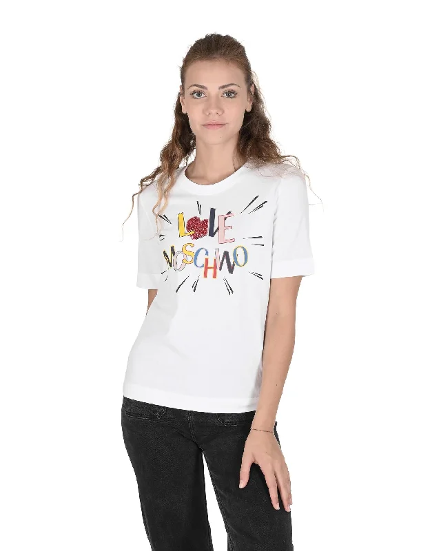 Love Moschino  Women's White Cotton T-Shirt with Colorful  Print-- Plaid T-Shirt Polka Dot Checkered