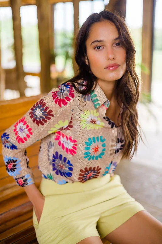 Crochet Print Shirt-- Lace Blend Ribbed Blend Corduroy Blend