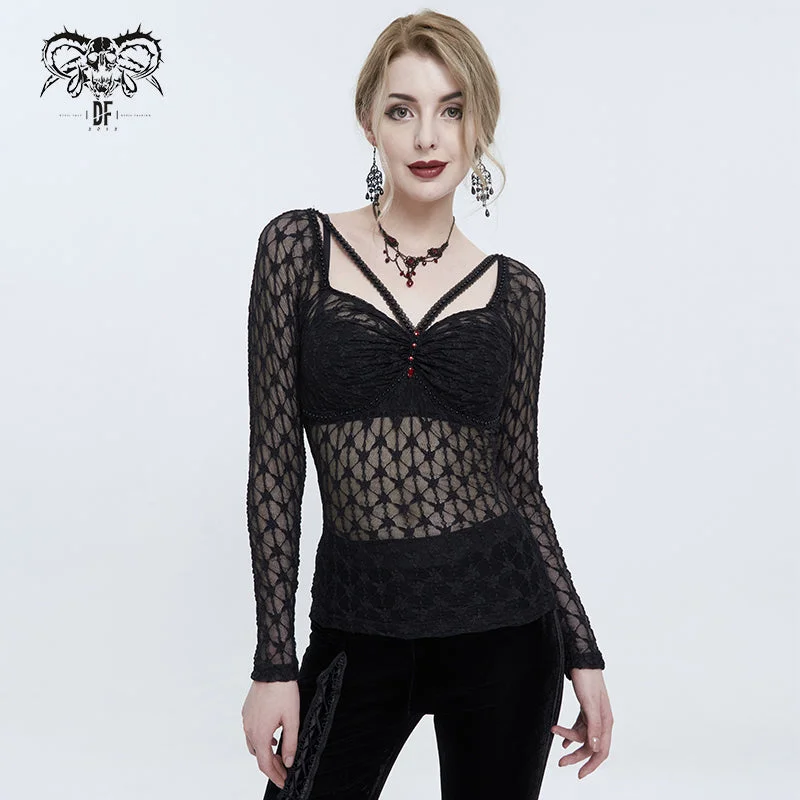 TT190 Gothic translucent Stretch Long Sleeve Women's T-Shirt-- Mesh Fabric Canvas Fabric Denim Fabric