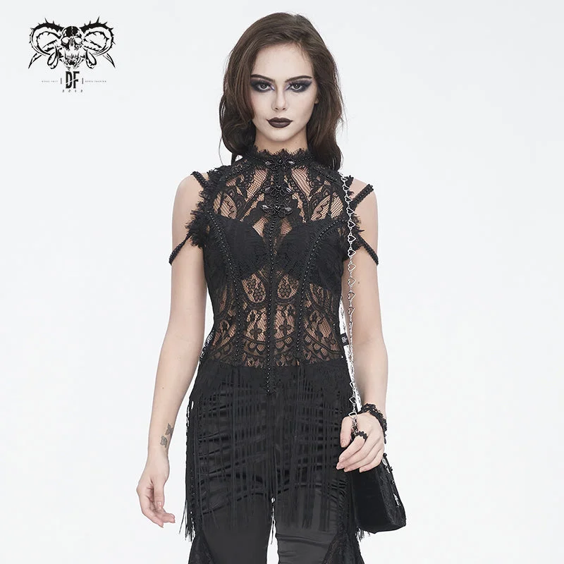 TT269 Gothic Sleeveless Tasseled Women's T-Shirt-- Satin Blend Silk Blend Wool Blend