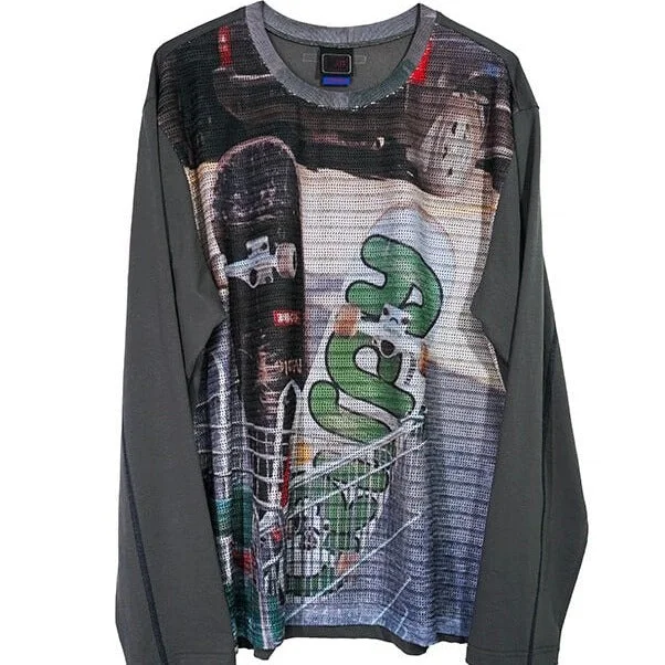 Skate Print Oversized Long Sleeve Gray Unisex Shirt-- Mesh Canvas Denim