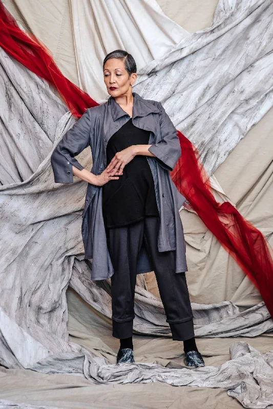 SL22 EMORI COWL DRAPE SHIRT - PEWTER-- Zippered Buttoned Snapped