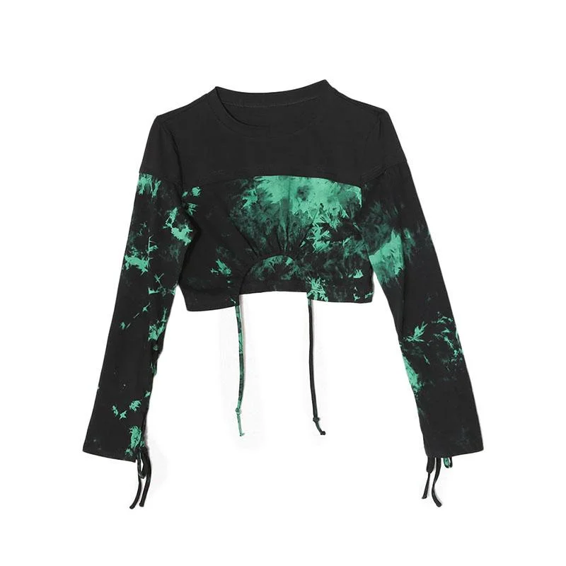 Street Style Green Tie Dye Print Cropped Shirt-- Handmade Hand-knitted Hand-woven