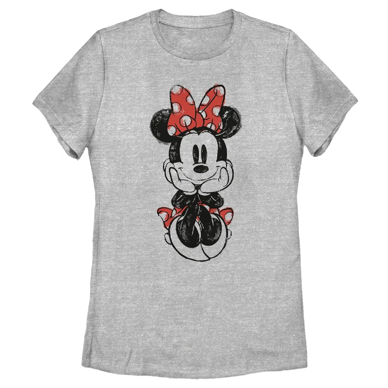 Women's Mickey & Friends Sitting Minnie Sketch T-Shirt-- V-Neck T-Shirt Long Sleeve Cotton