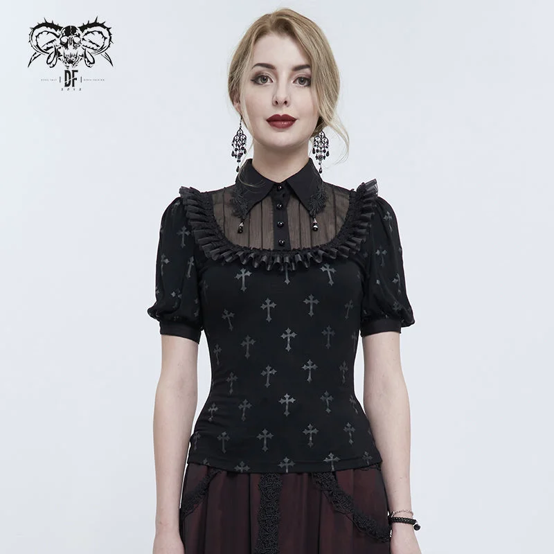 TT22201 Black Cross pattern Printed Short Sleeve T-Shirt-- Front Pockets Side Pockets Patch Pockets
